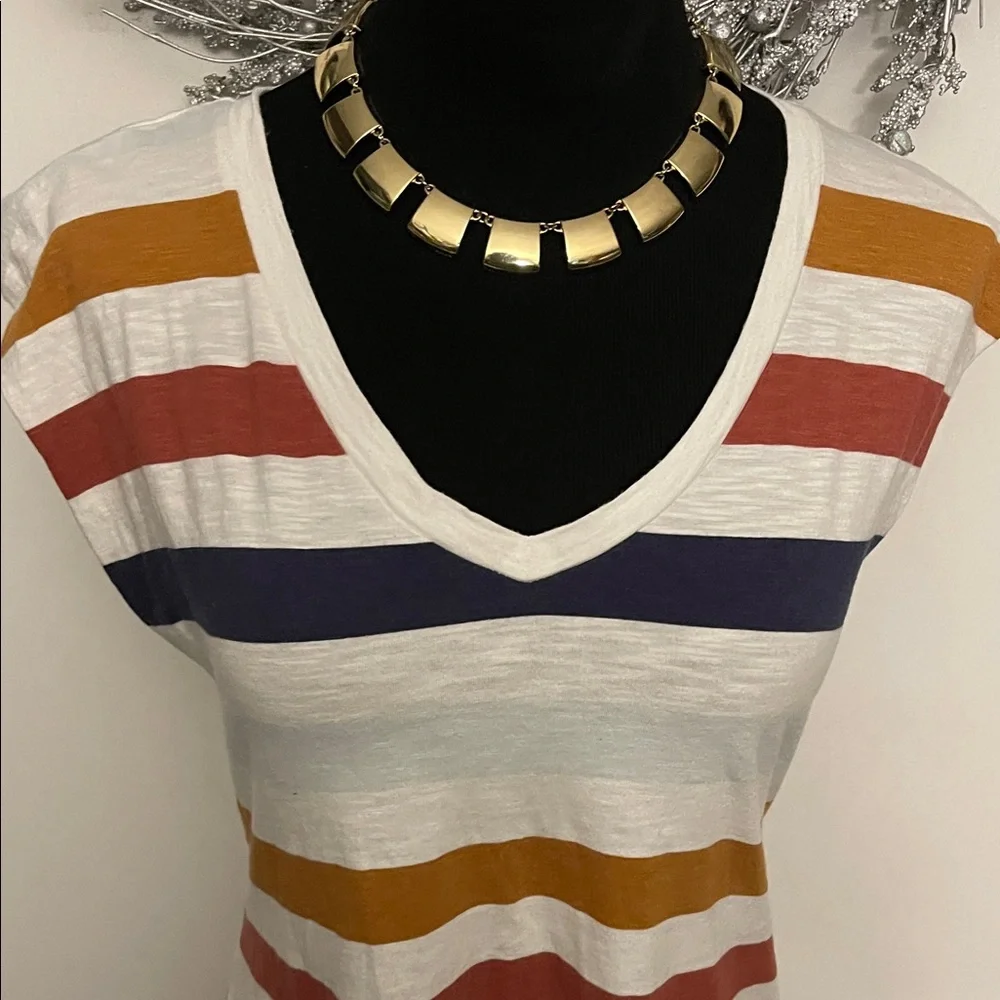 Striped V-Neck Short Sleeve Tee in White with Mustard, Rust & Navy - Picture 2 of 5